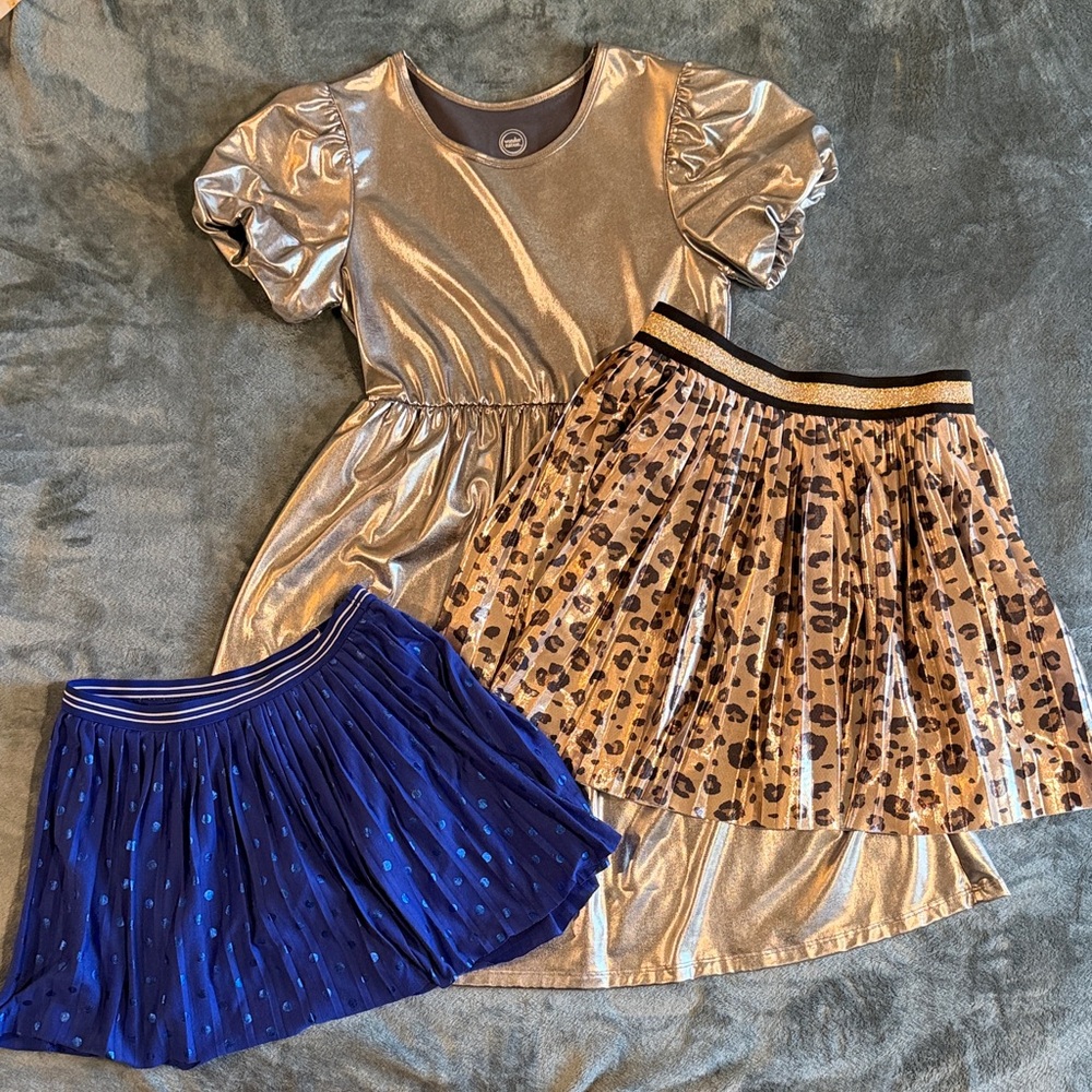 Size 10 Girls Bundle: Metallic Gold Puff Sleeve Dress with Blue & Leopard Skirts